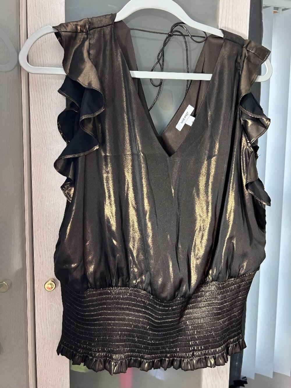 Women's Nine West Bronze Metallic Flutter Sleeve Smocked Blouse XL